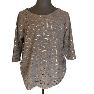 SjS Women's size 2X heather peach gray 3/4 sleeve Metallic gold leaf Sweater